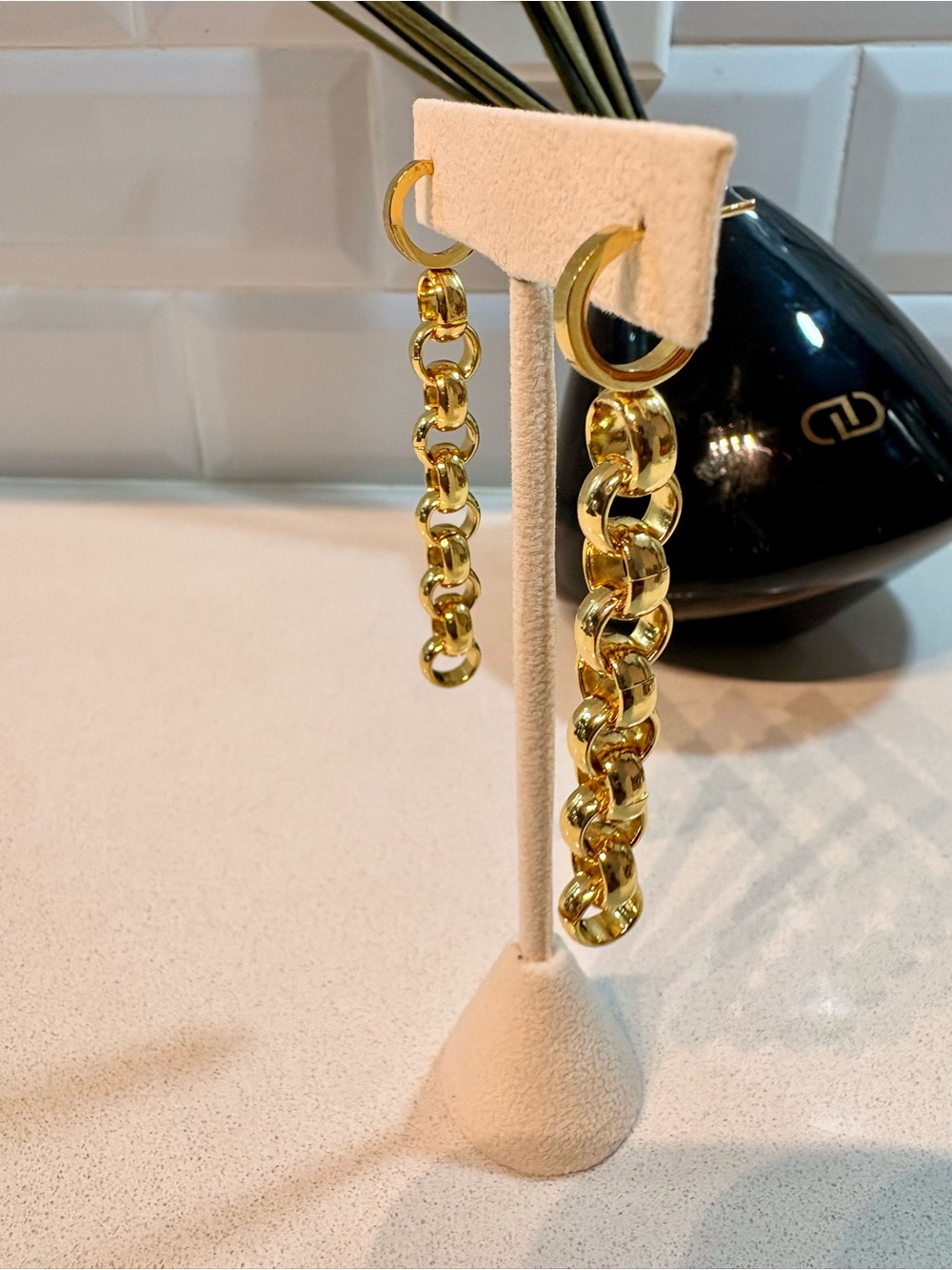 Gold-Tone No Tarnish Stainless Steel Chain Drop Hoop Earrings - Women Jewelry